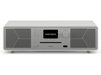 Système haute-fidélité "tout en un" Sonoro Meisterstück (gen 2) blanc mat - argent, vue de face, grille haut-parleurs, écran LCD