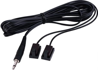 Black audio cable with two 3.5mm male jack connectors on one end and a 3.5mm female jack connector on the other end