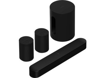 Sort Sonos-pakke med Beam Gen 2-soundbar, to Era 100-højttalere og Sub Mini-subwoofer