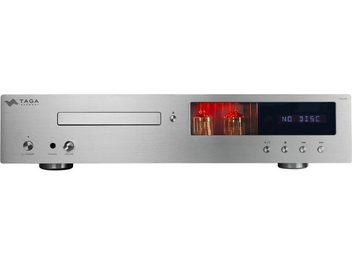 Lecteur CD haute-fidélité Taga Harmony TCD-70T argent, vue frontale, façade rectangulaire en métal brossé, écran numérique à droite, tubes lumineux visibles, tiroir CD horizontal, boutons circulaires et connecteurs en bas