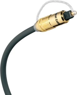 Sort Real Cable OTT G1 digital optisk kabel med forgyldt stik, gråt flettet kabelkabinet, nærbillede af enden