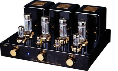 Redson RA-2090 sort hi-fi stereoforstærker, set forfra, 6 forgyldte vakuumrør, 3 forgyldte knapper, blåt display