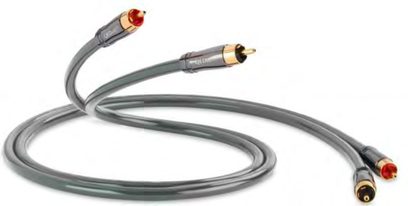 QED Performance Audio 40 RCA-lydkabel 1 m grå, 2 røde og sorte RCA-stik i hver ende, set oppefra