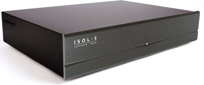 Condizionatore di rete Isol-8 Minisub Wave nero, corpo rettangolare nero opaco, frontale in alluminio spazzolato con logo