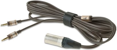 Sort lydkabel med forgyldte RCA-stik og grå kabel med 6,35 mm jackstik, oprullet