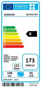 Europæisk energimærke for en Samsung UE55HU7500 TV, energiklasse B, 173 kWh/år, 55 tommer, 138 cm