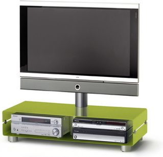 Spectral Curve QX111 audio-video møbel set forfra, med integreret TV-skærm, DVD-afspiller og forstærker, grøn og grå finish