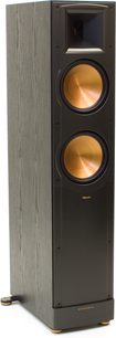 Klipsch RF-82 MkII svart gulvhøyttaler, forfra, i mørkt tre, med to runde, gylne høyttalere og en diskant