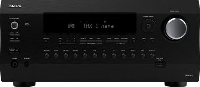 Ampli за домашен кинотеатър Integra DRX 8.4 черен, предна страна, фронтална гледна точка, синьо табло "THX Cinema", множество бутони и гнезда