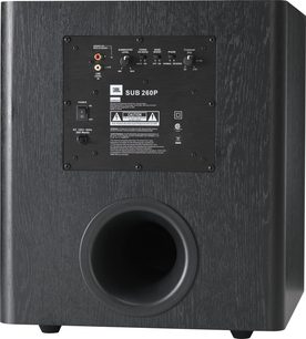 JBL Sub 260P sort baskabin, frontvisning, kontrolpanel med knapper og porte, cirkulær frontventil