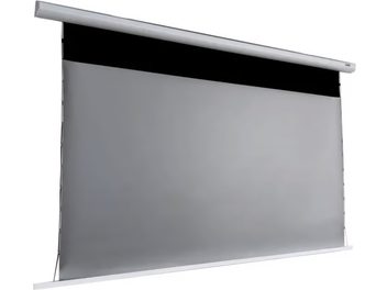 Écran ALR pour projection ultra courte focale, surface grise rectangulaire, bordure noire supérieure, carter blanc cylindrique