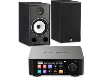Hi-fi sestava Eversolo se streamovacím zesilovačem a párem černých reproduktorů Triangle při pohledu zepředu s dotykovou obrazovkou