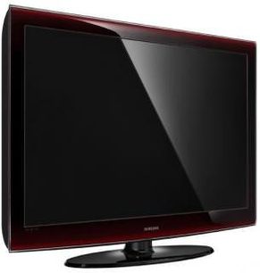 Samsung LE46A676 fladskærms-TV, sort, set forfra, slukket, med dyb rød, blank ramme