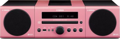 Front view of the Yamaha MCR-040 rose mini hi-fi system, with CD player, USB port, LCD display, and two speakers