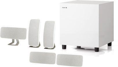 Kompakte hvide Jamo A 200 HCS 5 højttalere, set forfra, bestående af en subwoofer og fire satellithøjttalere
