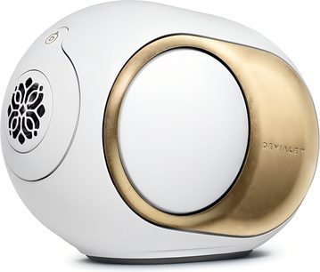 Reproduktor DEVIALET Phantom Ultimate 98 dB Opéra de Paris, biely oválny plastový obal, zlatý kovový vložka, pohľad z boku