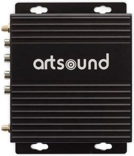 Smart Stream ArtSound nätverksljudspelare, framsida, svart hölje, 4 metallkontakter på vänster sida