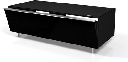 Blank, højglans sort TV-møbel Spectral Scala SC1100, 2 døre, 1 skuffe, metalben, set let skråt forfra