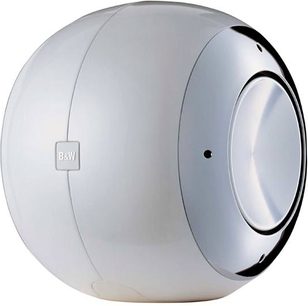 Subwoofer Bowers & Wilkins PV1 kulový, světle šedý, pohled zepředu, černá mřížka, stříbrné logo B&W