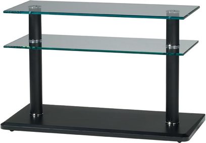 Gisan PLS04NE sort TV-møbel i sort glas, 3 rektangulære hylder stablet oven på hinanden, 4 cylindriske forkromede ben i hjørnerne