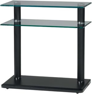 Gisan PLS10NE audio-video møbel, 2 rektangulære hylder i gennemsigtigt glas, 4 cylindriske sorte metalsøjler i hjørnerne