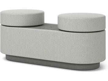 Draadloze verbonden luidspreker Sony HT-AX7, driekwart zicht, rechthoekige vorm met twee cilinders bovenop, grijze stof