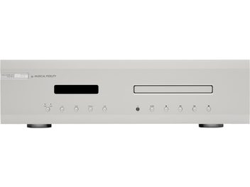 Musical Fidelity M6scd ezüst színű, magas minőségű CD-lejátszó téglalap alakú homloklappal, fekete kijelzővel, CD-tálcával és 10 kör alakú gombbal