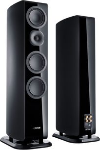 Canton Vento 81 floorstanding speaker in black lacquer, front and rear view, curved front baffle with four visible drivers