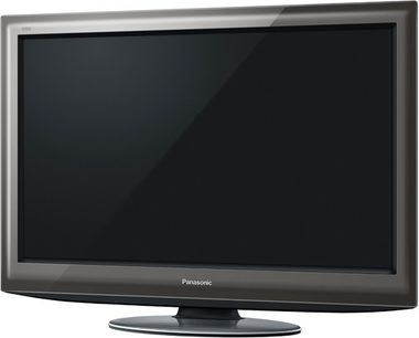 Panasonic TX-L42D25 sort fladskærms-tv, set forfra, slukket og sort, stående på en grå metalstøtte