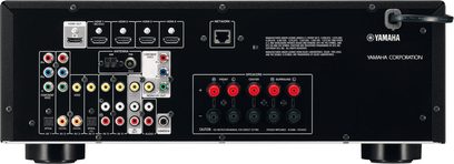 Yamahan musta RX-V473 audio/video-vahvistin, etupuoli, etunäkymä, 5 HDMI-tuloa, 5 kaiutinlähtöä, USB-portti