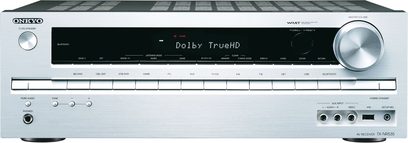 Onkyo TX-NR535 sølvfarvet hjemmebiograf-forstærker, frontpanel, frontvisning, blå skærm, sølvfarvede knapper og drejeknapper
