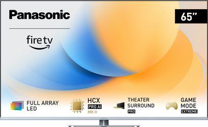 TV-65W93AE6 Panasonic, fladskærm, set forfra, fire tv-logo, ikoner for full array LED, HCX Pro AI MK II, theater surround pro, game mode extreme, blå og orange gradient baggrund, størrelse 65 tommer