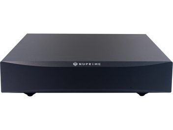 Amplificatore Nuprime STA-9X nero, frontale opaco smussato, logo bianco, design compatto moderno minimalista