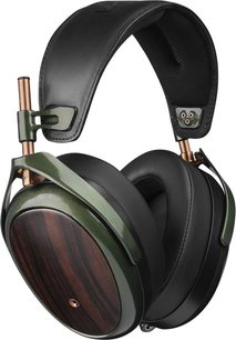 Geschlossener Hi‑Fi‑Kopfhörer Meze Audio STRADA, schwarzer Lederbügel, dunkle Holzschalen mit grünem Metallring und kupferfarbenen Akzenten