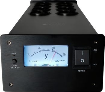 Taga Harmony PF-1000 v.2 strømskinne i sort børstet metal, frontansigt, oplyst analog voltmeter og stor afbryder