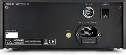 Kultaisen Note PSU-10 -virtalähteen etunäkymä, musta väri, virtakytkin sekä liitännät ja liittimet takapaneelissa