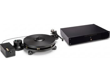 Tocadiscos negro con plato circular y brazo de lectura, con unidad Electrocompaniet y mando independiente