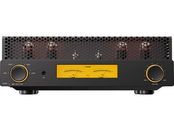 Black FiiO EA13 stereo tube integrated amplifier, front panel with yellow VU meters and orange-ringed knobs