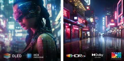 À gauche, profil d'une personne avec visière technologique et tenue futuriste; à droite, rue urbaine nocturne avec enseignes lumineuses