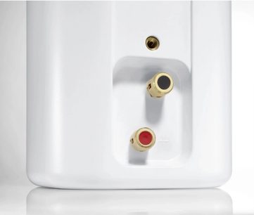 Coluna hi-fi compacta Canton Plus XL.3 branco mate vista traseira, terminais de coluna dourados vermelho/preto e encaixe para montagem na parede