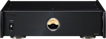 TEAC CG-10M sort masterclock-generator, set forfra, sort front med drejeknap og "STATUS OVER"-indikator