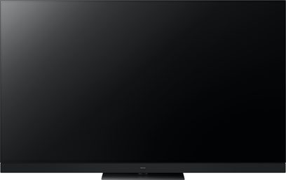 Televizor Panasonic TV-77Z93AEG s vysokým rozlišením, černá obrazovka, tenký rám, centrální obdélníkový stojan, pohled zepředu