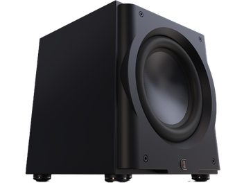Perlisten R12s subwoofer, angled view, black enclosure, circular speaker, visible feet, smooth surface