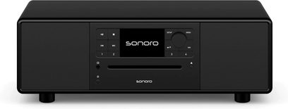 Vše v jednom vysoce věrný audio systém Sonoro Prestige černo-černý s obdélníkovým čelním panelem, centrálním displejem a dvojitými reproduktory