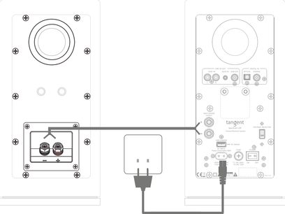 Trådløs tilsluttet højttaler Tangent Spectrum X5 BT i sort satinlak. Tekniske diagrammer af front, bagside og fjernbetjening
