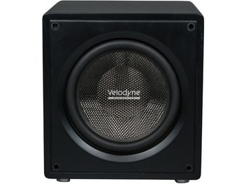 Subwoofer Velodyne VI-Q 15 negro visto de frente, gabinete cúbico brillante y altavoz central con membrana trenzada