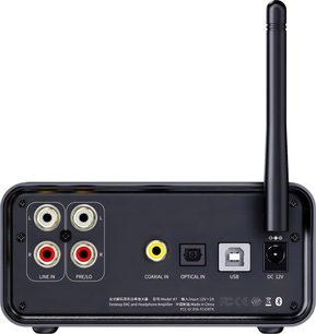 FiiO K7 BT high-fidelity headphone preamplifier in black metal, rear view showing four metal-ringed RCA jacks, a yellow coaxial input, an optical port, a USB-B port, a 12V power connector, and a vertical black antenna