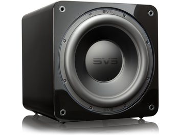 SVS SB-3000 schwarzer Hochglanzlack-Subwoofer, Frontansicht, silberfarbener runder Lautsprecher in der Mitte, abnehmbare schwarze Abdeckung