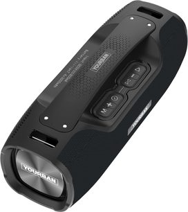 Bluetooth-højttaler Yourban Getone 70 sort, perspektivvisning, tekstureret overflade, synlige kontrolknapper, logo på siden
