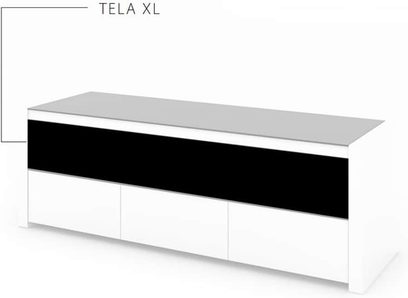 Hvid og sort lakeret TV-møbel, 3 låger, 1 åben central niche, flad front, set forfra